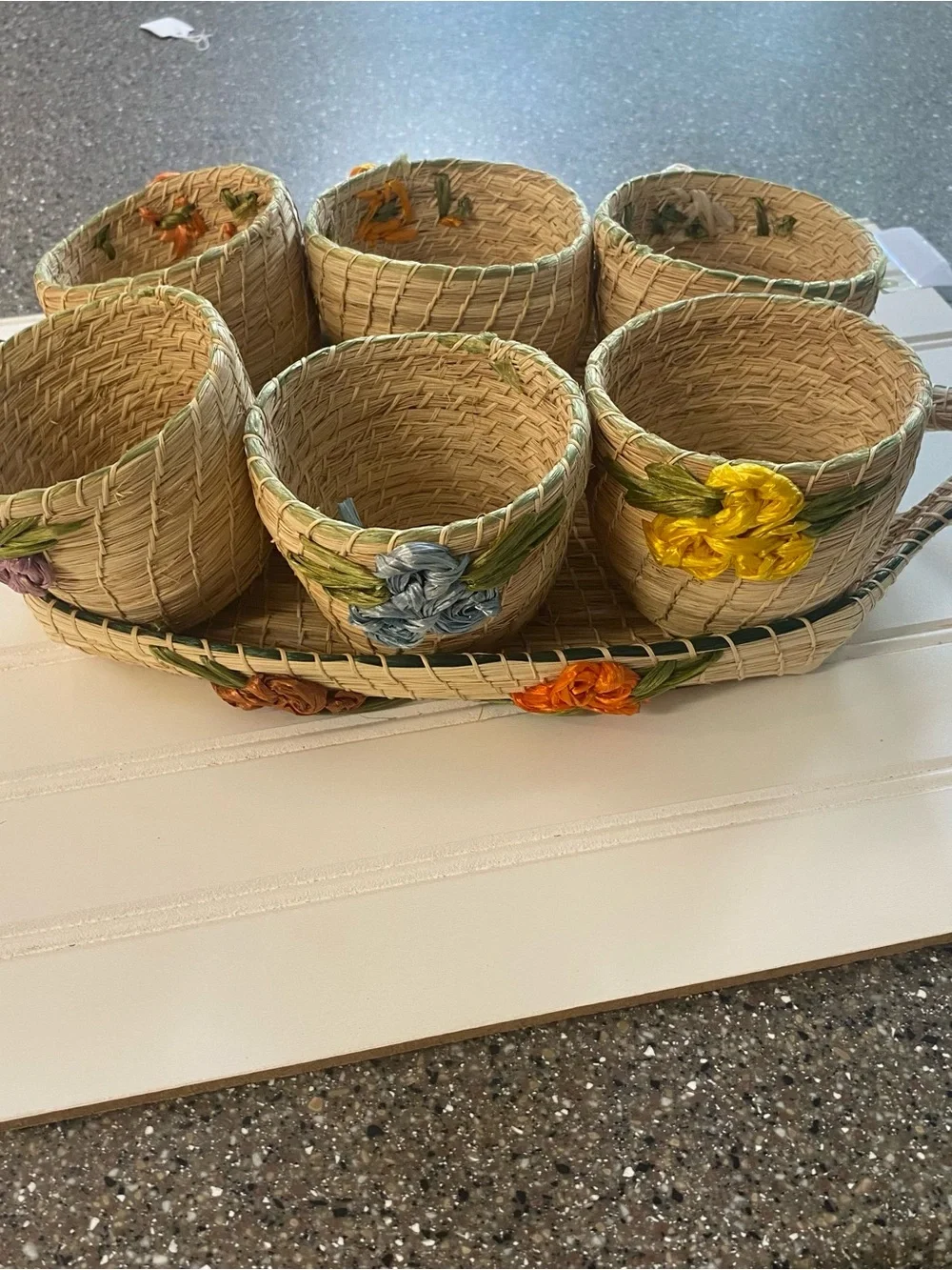 Handwoven Natural Straw Condiment Basket Set Floral Accents Jamaica Party Camp